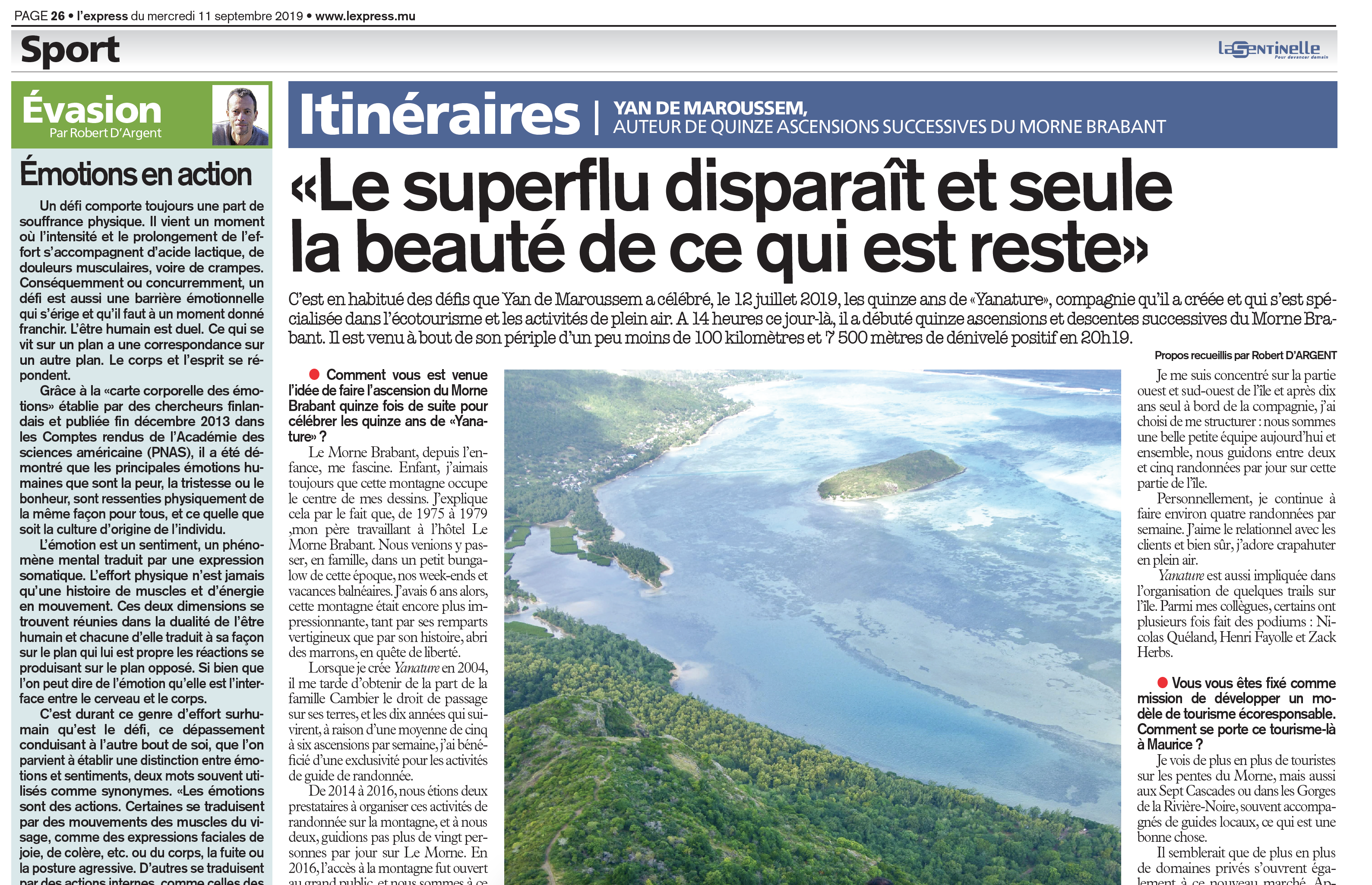 Interview From L'express about Yan de Maroussem 15 ascents of Le Morne Brabant