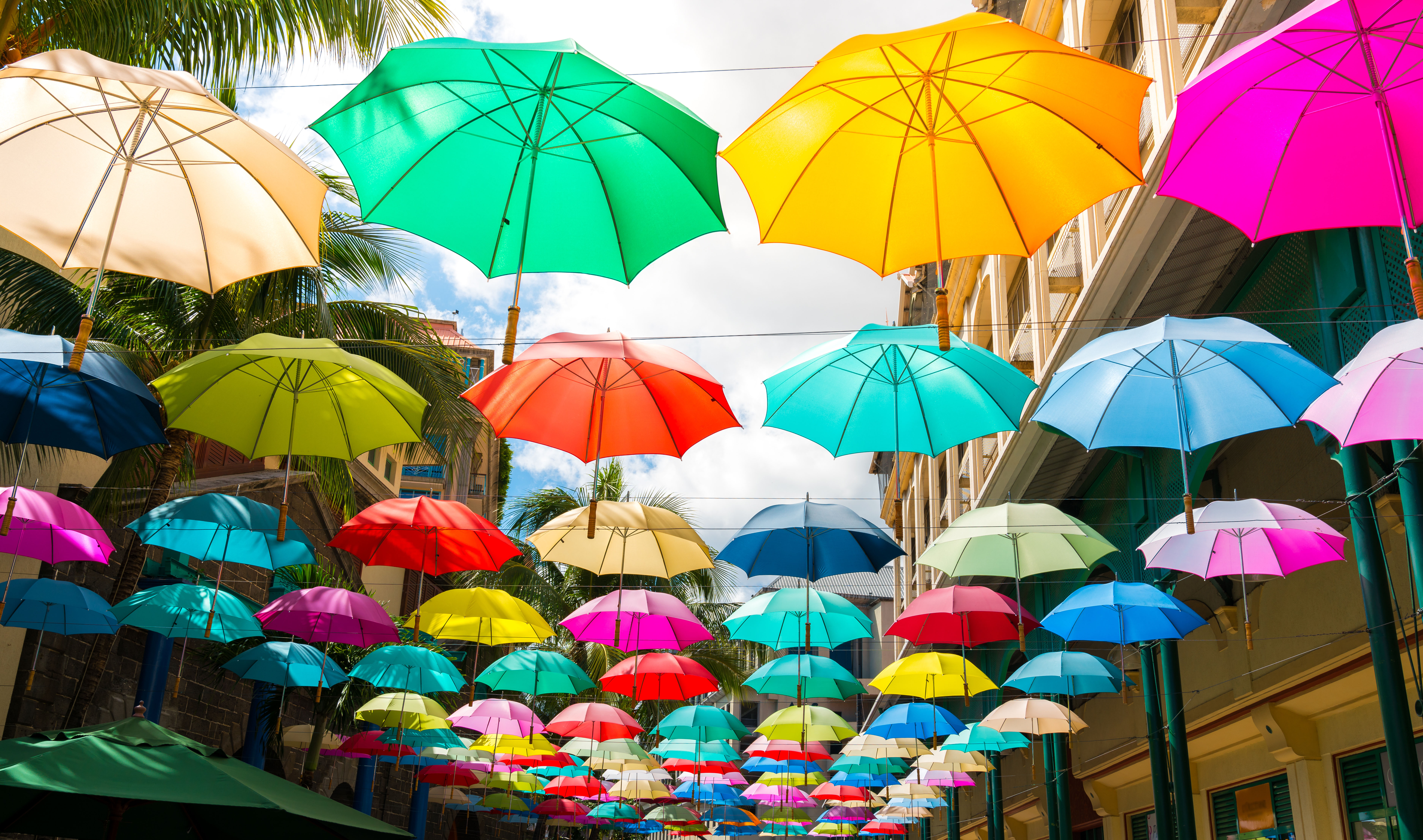 Multicolored Umbrellas In Le Caudan Waterfront, Port Louis Capit