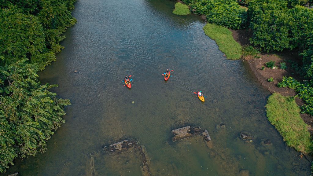 Kayaking in Mauritius on the Tamarin River, Three kayaks on the tamarin river entering the Tamarin bay