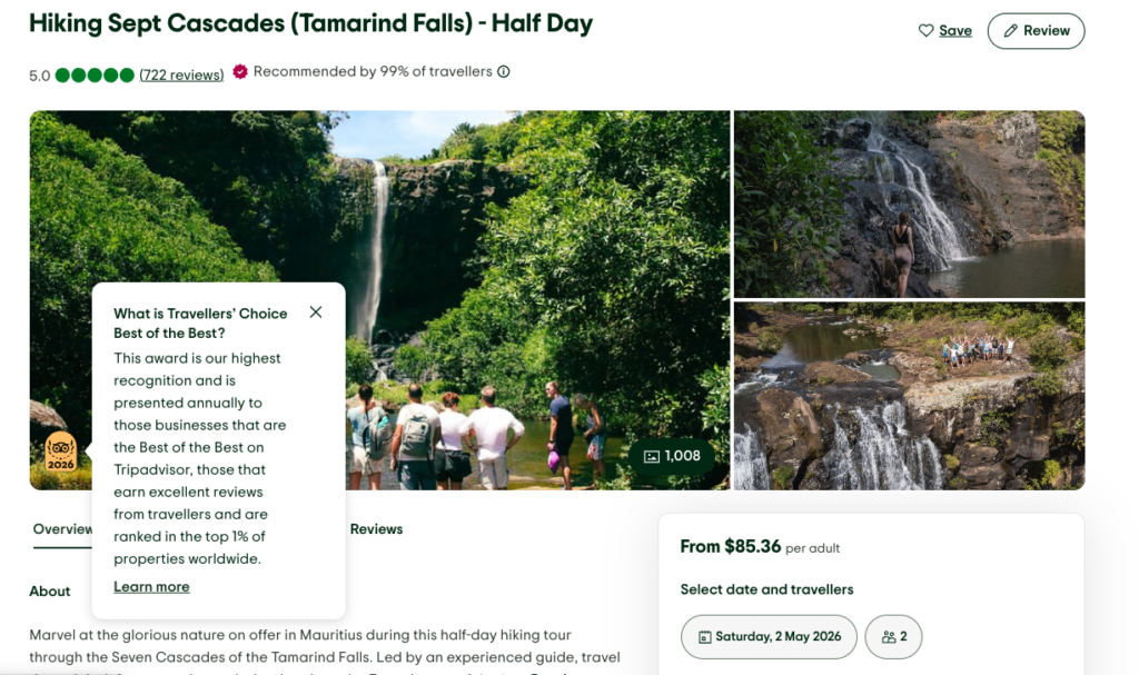 Hikers viewing Tamarind Falls waterfall in Mauritius