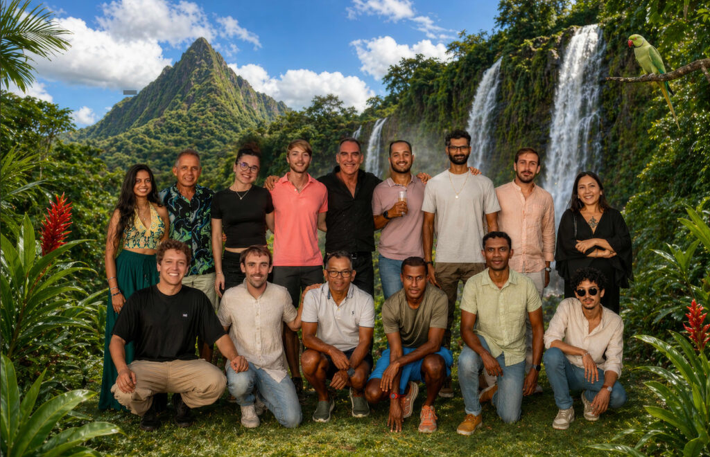 Un groupe de guides de Yanature posant devant une montagne tropicale et des cascades